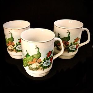 VINTAGE PEACOCK & PEONY (3) GOLD RIM COFFEE MUGS